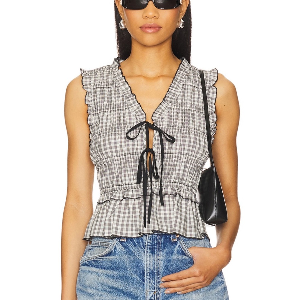 Rails Black & White Gingham Ruffle Tie-Front Camisole